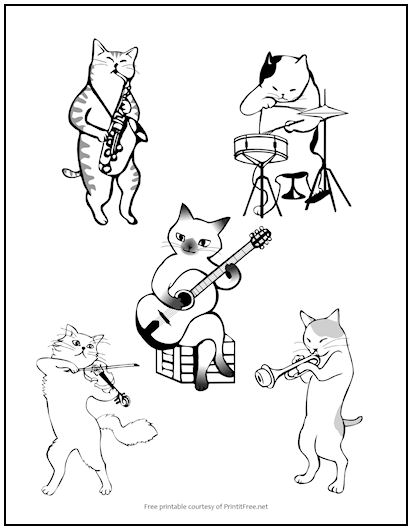 Cats in a Band Coloring Page