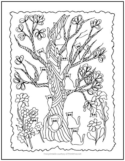 Cats in a Tree Coloring Page