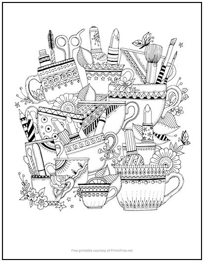 Teacups & Cosmetics Coloring Page