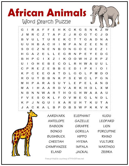 African Animals Word Search Puzzle | Print it Free