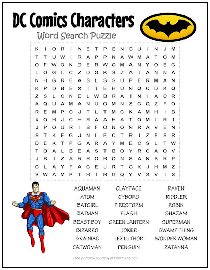 DC Comics Characters Word Search Puzzle