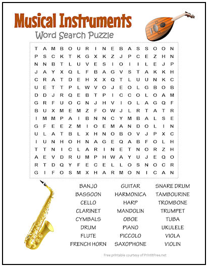Feudo Caso sed Musical Instruments Word Search Puzzle | Print it Free