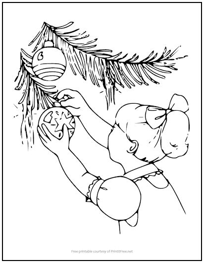 Girl Hanging Ornaments Coloring Page