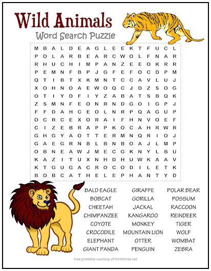Wild Animals Word Search Puzzle | Print it Free