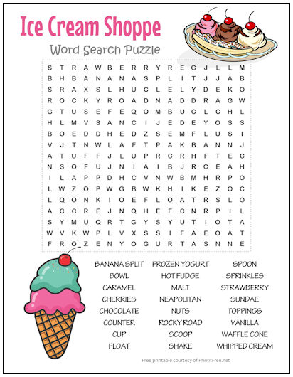 Ice Cream Shoppe Word Search Puzzle