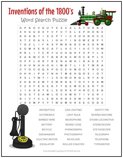 Inventions of the 1800's Word Search Puzzle