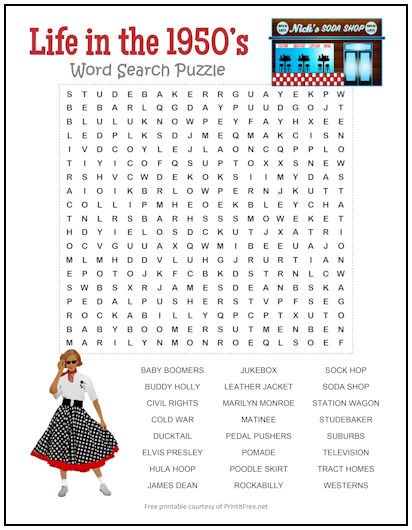 Life in the 1950's Word Search Puzzle