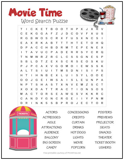 Movie Time Word Search Puzzle