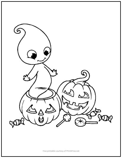Halloween Ghost and Pumpkins Coloring Page