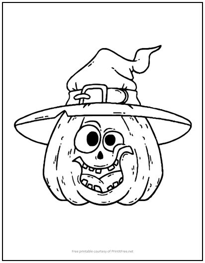 Halloween Pumpkin in Witch Hat Coloring Page