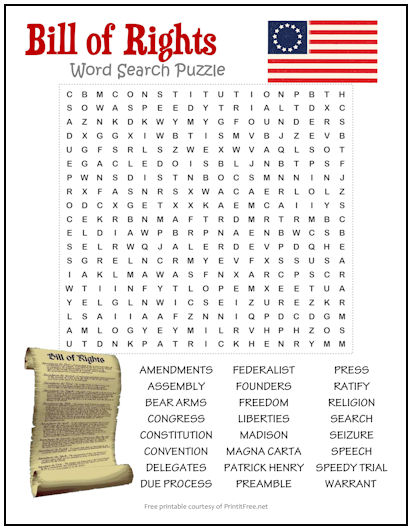 Free Printable Bill Of Rights Word Search