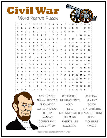 Civil War Word Search Puzzle