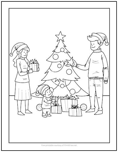 Family at Christmas Tree Coloring Page