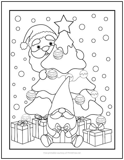 Santa and Gnome Christmas Tree Coloring Page