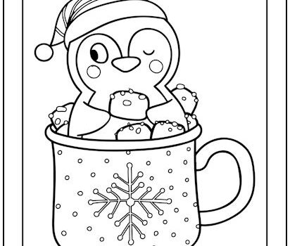 Penguin and Hot Cocoa Christmas Coloring Page