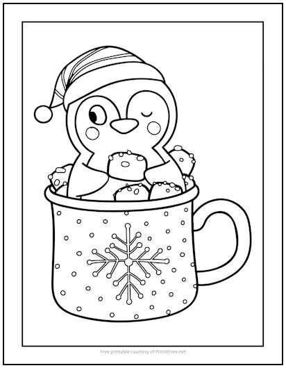 Penguin and Hot Cocoa Christmas Coloring Page