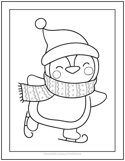 Ice Skating Penguin Christmas Coloring Page