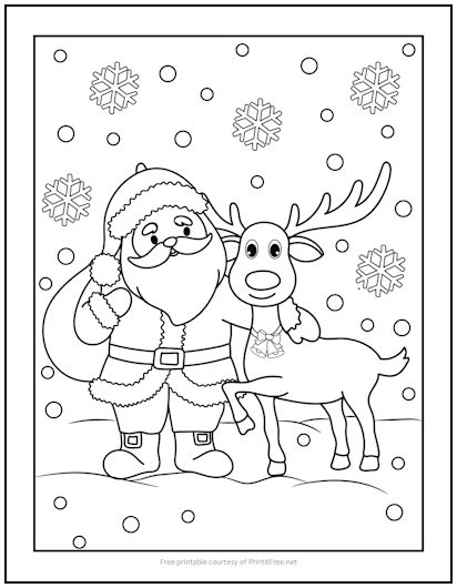 Santa and Reindeer Christmas Coloring Page
