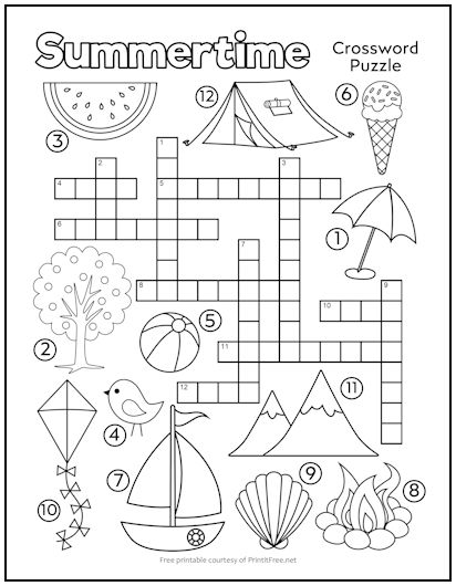 Summertime Crossword Puzzle for Kids