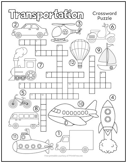 Transportation Crossword Puzzle for Kids