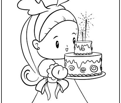 Little Girl with Birthday Cake Coloring Page Little Girl with Birthday Cake Coloring Page