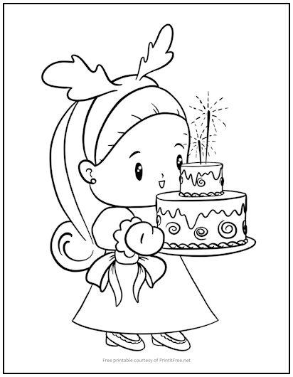 Little Girl with Birthday Cake Coloring Page