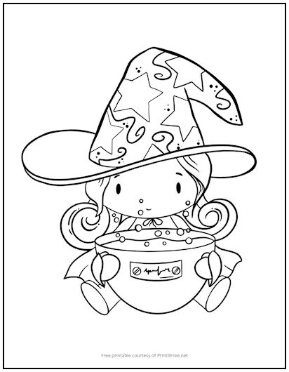 Witch and Cauldron Coloring Page