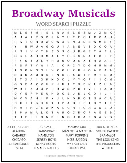 Broadway Musicals Word Search Puzzle