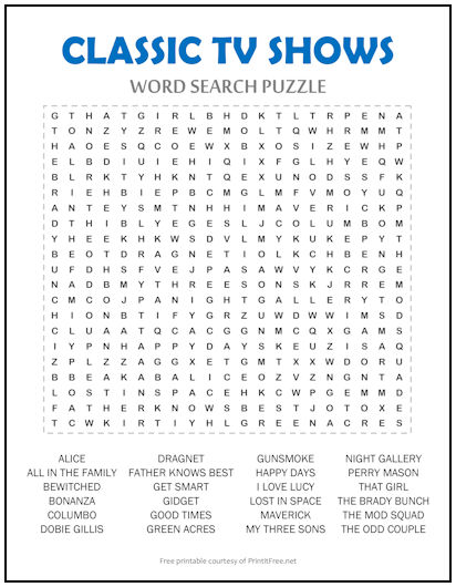 Classic TV Shows Word Search Puzzle