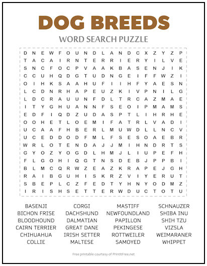 Dog Breeds Word Search Puzzle