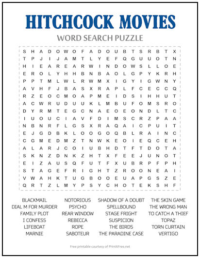 Hitchcock Movies Word Search Puzzle