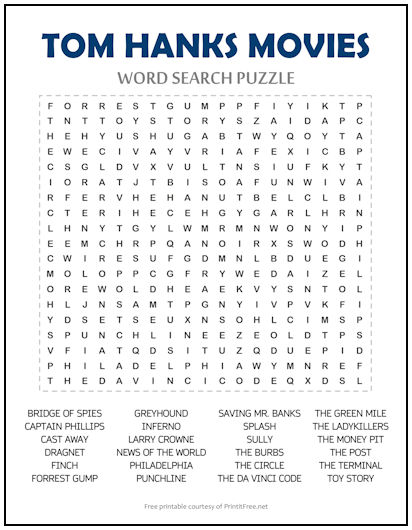 Tom Hanks Movies Word Search Puzzle
