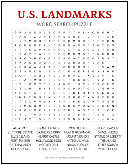 U.S. Landmarks Word Search Puzzle
