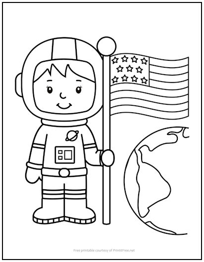 Astronaut with Flag Coloring Page