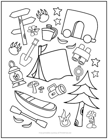 Camping Collage Coloring Page