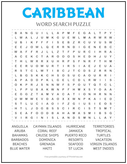 Caribbean Word Search Puzzle