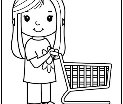 Girl with Shopping Cart Coloring Page