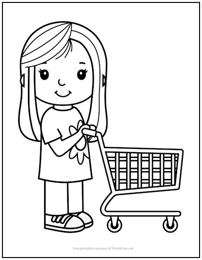Girl with Shopping Cart Coloring Page