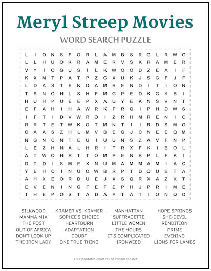 Meryl Streep Movies Word Search Puzzle