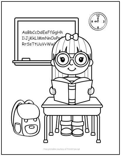 Schoolgirl at Desk Coloring Page