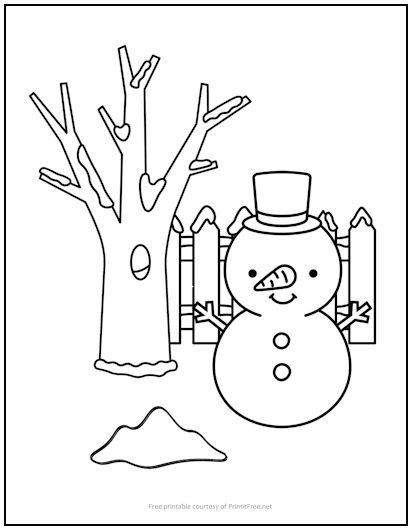 Snowman by Fence Coloring Page
