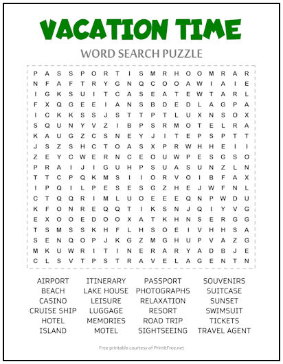 Vacation Time Word Search Puzzle