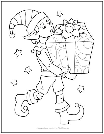 Elf with Present Coloring Page