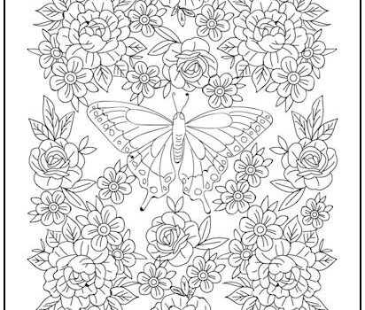 Butterfly and Roses Coloring Page