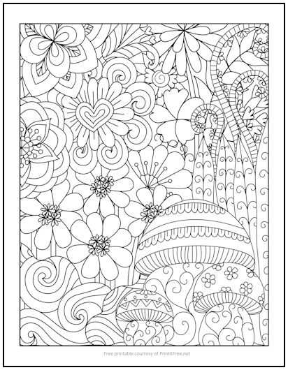 Mushrooms and Flowers Coloring Page