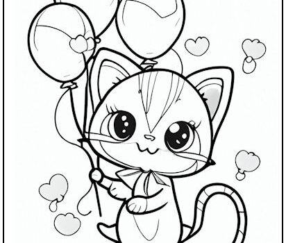 Kitty With Balloons Coloring Page