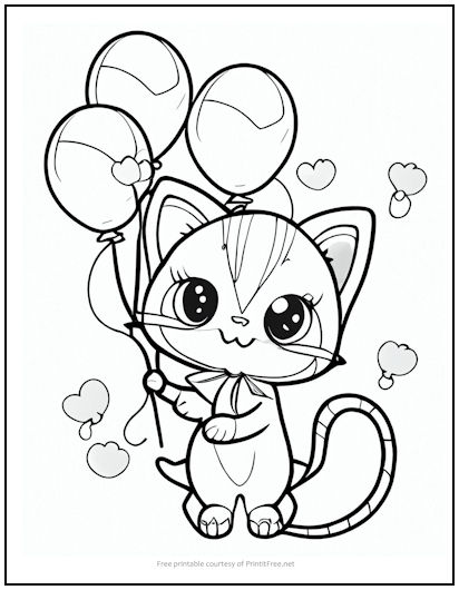 Kitty With Balloons Coloring Page