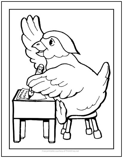 Chicken at Desk Coloring Page
