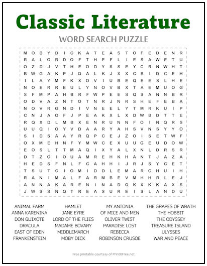 Classic Literature Word Search Puzzle