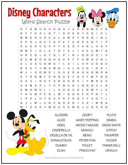 Disney Characters Word Search Puzzle
